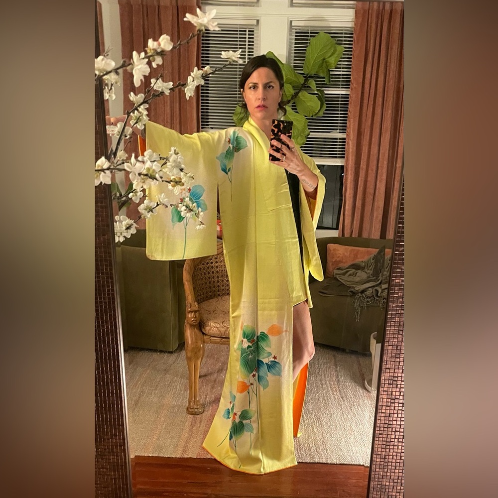 Antique silk chartreuse kimono florals flowers Kyoto Japan